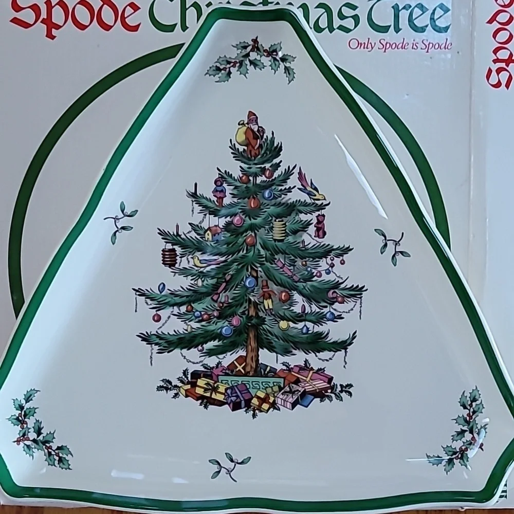 Vintage Fine Porcelain Spode Christmas Tree Large Triangle Tray Plate & Box